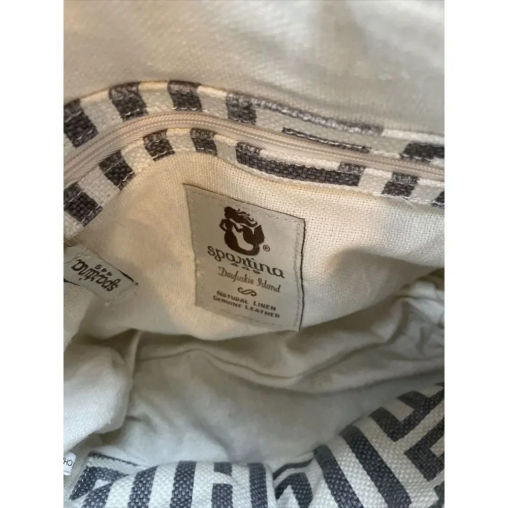 SPARTINA City Market Dixie Shoulder Bag De Renne Gray‎ Cream White Linen Leather
